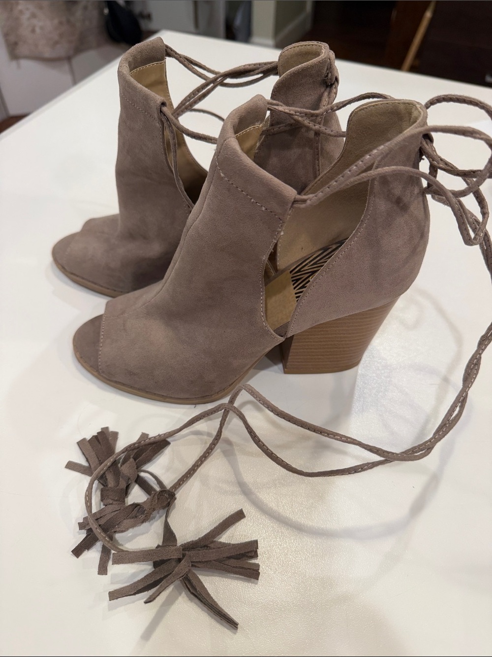 Qupid Taupe Suede Lace-Up Peep-Toe Block Heel Booties